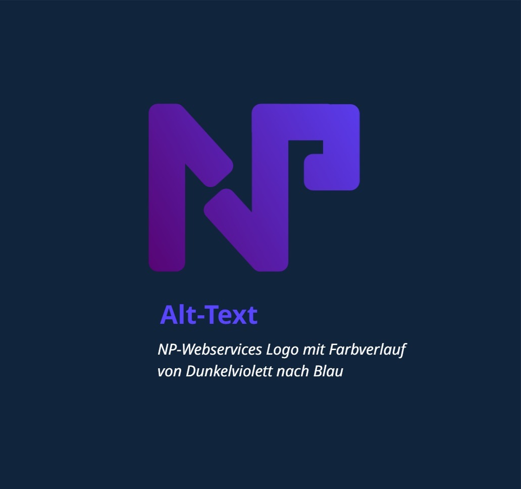 Webdesign Screen in Blau für ein Alt-Text Beispiel, welches das NP-Webservices Logo in seiner Gestalt beschreibt