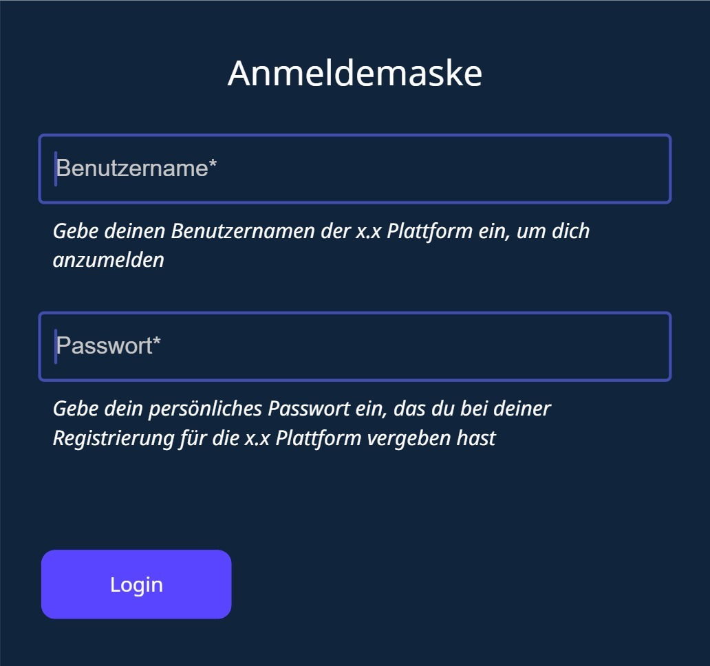 Webdesign Screen in Blau für Eingabehilfen Beispiele, die unterhalb von Formularfeldern zu Benutzername und Passwort einen Hilfstext zeigen