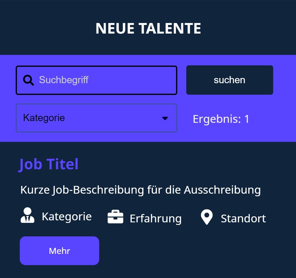 Webdesign Screen in Blau/Grau für Stellenausschreibungen mit Suche und Suchergebnis