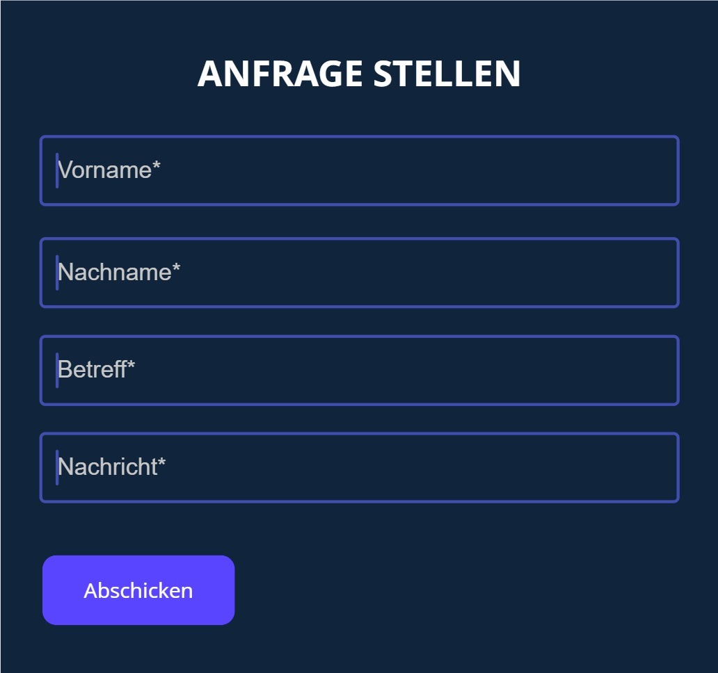 Webdesign Screen in Blau/Grau für Anfragen mit Formular-Eingabefeldern wie Name, E-Mail und Nachricht