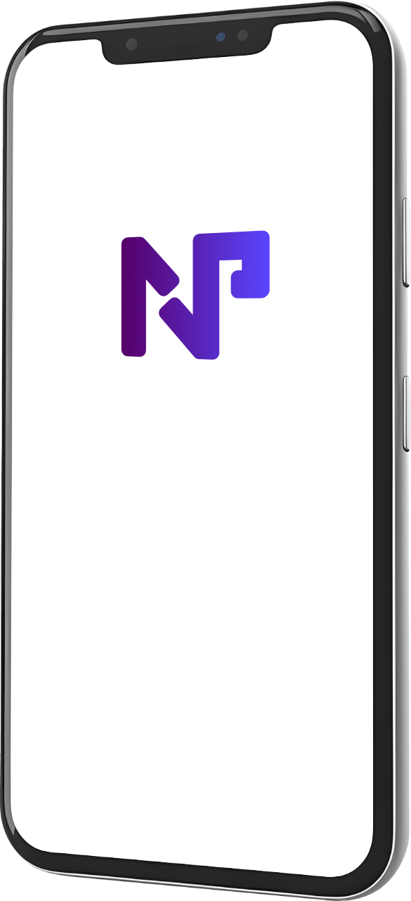 Schräg stehendes Smartphone mit NP-Webservices Logo auf weißem Hintergrunddisplay