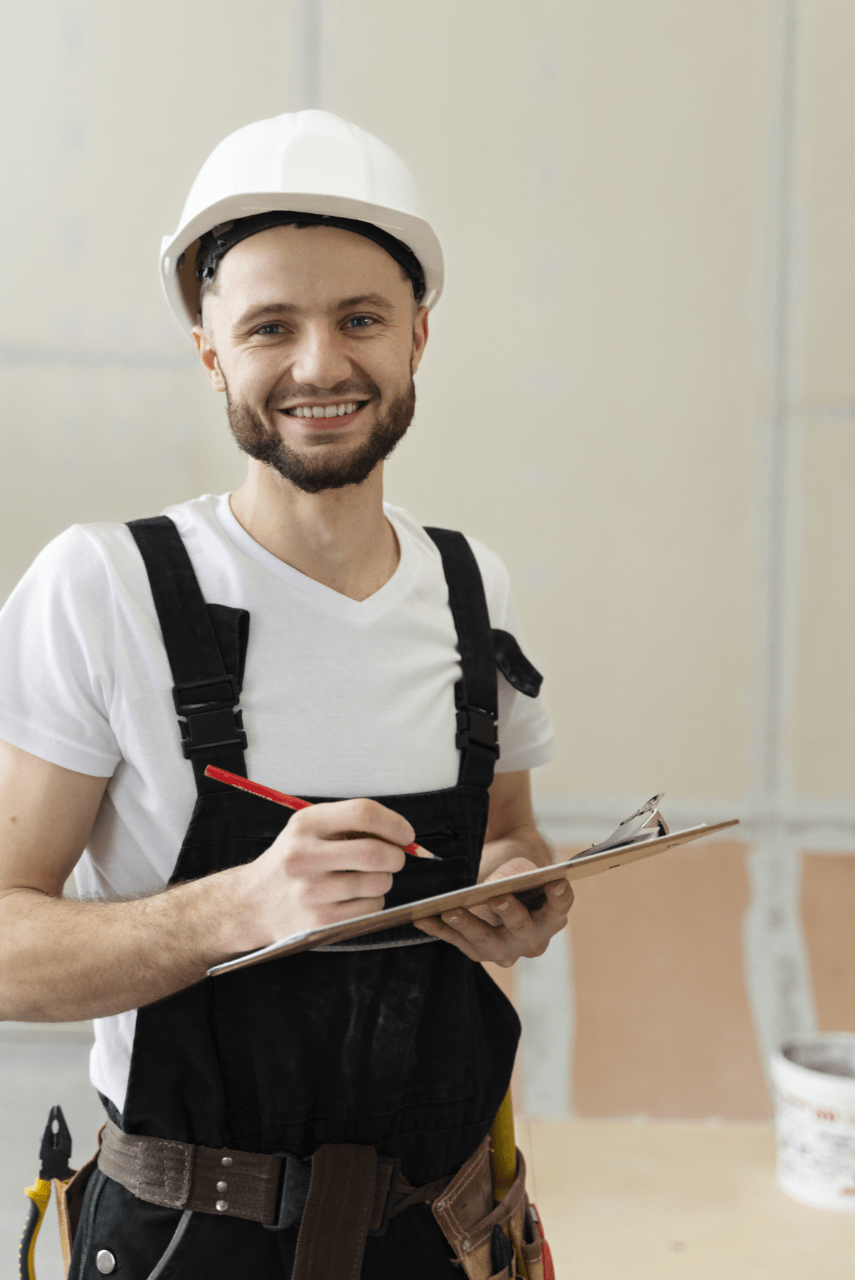 Männliche Person mit weißem Arbeiterhelm und Bart trägt eine schwarze Latzhose und hält ein Klemmbrett und Stift in der Hand, während er freundlich in die Fotokamera lächelt